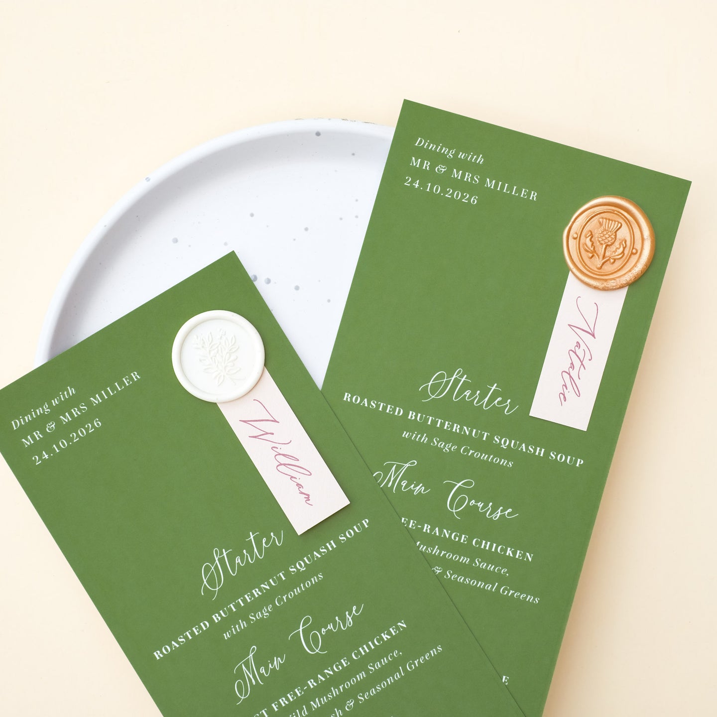 moss green personalised wedding menu with wax seal